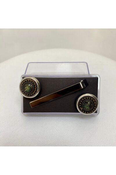 BG TASARIM Kişiye Özel İsim Yazılabilir Kravat İğnesi Ve Yeşil Kol Düğmesi