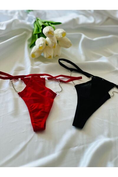 İPEK ÖZMEL 2'li Kırmızı Siyah Taşlı String