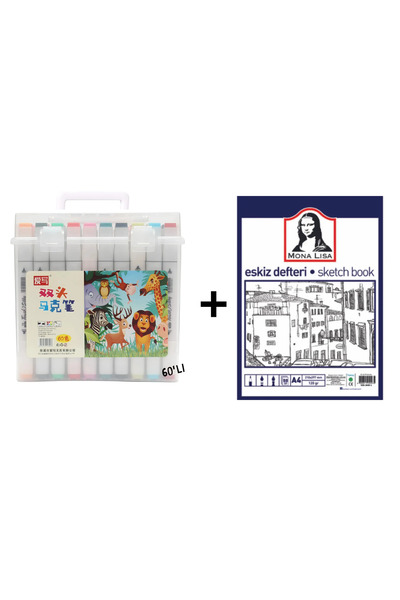 TİFOYS 60'lı Çift Taraflı Art Marker Keçeli Kalem Seti Kutulu + Mona Lisa Eskiz Defteri A4 50 Yaprak 120GR.