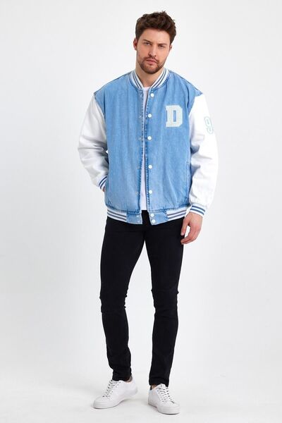 DAMGA JEANS Erkek Günlük Pamuklu Rahat Oversize Buz Mavi Kot Kolej Ceket