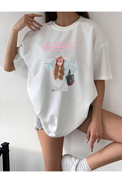 oneagılyazı Oversize Black Pink Design Printed Combed Cotton T-Shirt