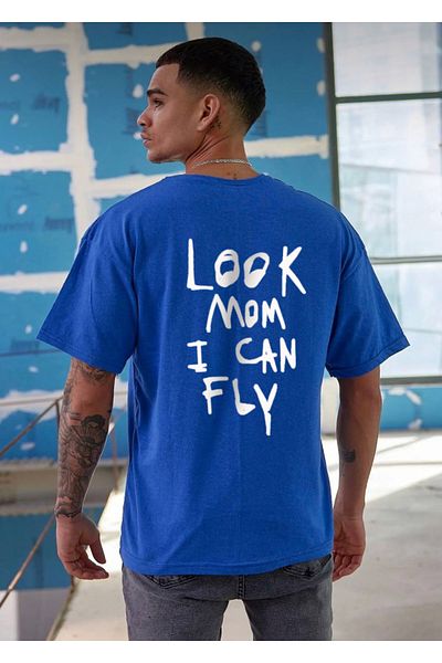 khufu Unisex Oversize ΜΠΛΕ μπλουζάκι - Boyfriend με στάμπα "Mom, I Can Fly".