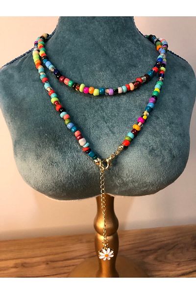 Stoneday Colorful Sand Bead Gold Detailed Daisy Figured Accessory That Can Be Used Both Necklace and Waist Jewelry