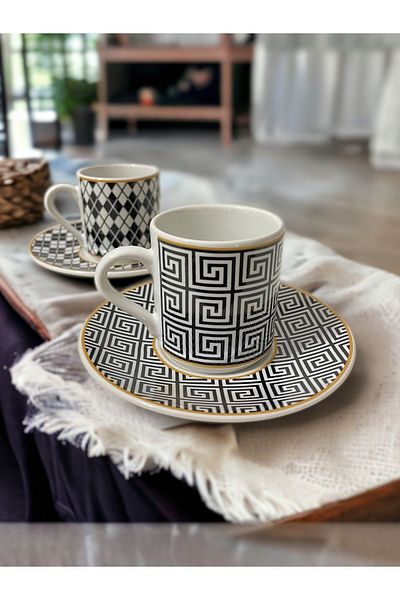 Artistic Quality White Gold Gilded 2-Person Porcelain Coffee Cup Set - Decorative and Stylish Design
