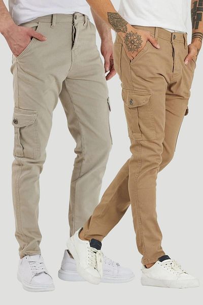 DAMGA JEANS 2 Piece Cargoflex Cotton Cargo Pocket Trousers Camel And Stone Color