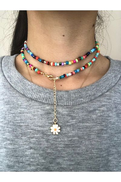 Stoneday Colorful Sand Bead Gold Detailed Daisy Figured Accessory That Can Be Used Both Necklace and Waist Jewelry