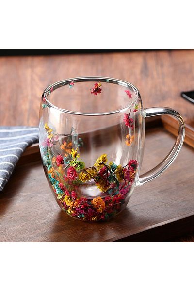 FETHİYE TOPTAN Dried Flower Mug Cocoon Gift Double Glass Stylish Durable Coffee Outdoor Shooting Cafe Cup 250ml