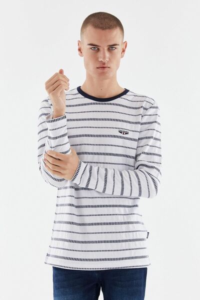 Galvanni Erkek Beyaz Uzun Kol T-shırt - Yıju White Striped