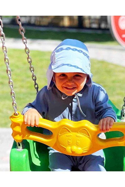 yorni Mavi Flap Lejyoner, Ense Korumalı, Boyundan Bağlamalı, Lastikli Ayar Tokalı, Çocuk Bebek Güneş Şapka