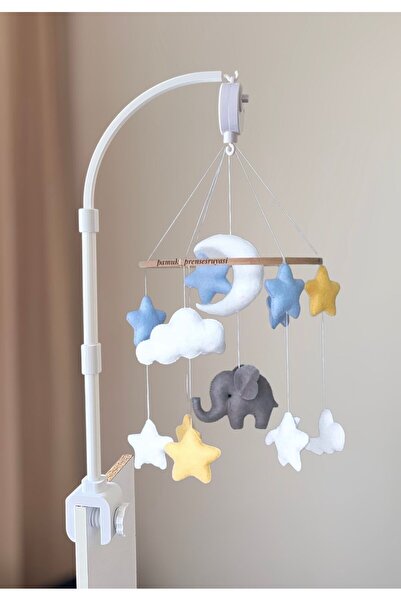 SefDen Lazer Kesim Atölyesi Mavi sarı gri fil figürlü erkek bebek beşik dönencesi müzikli ve aparatlı