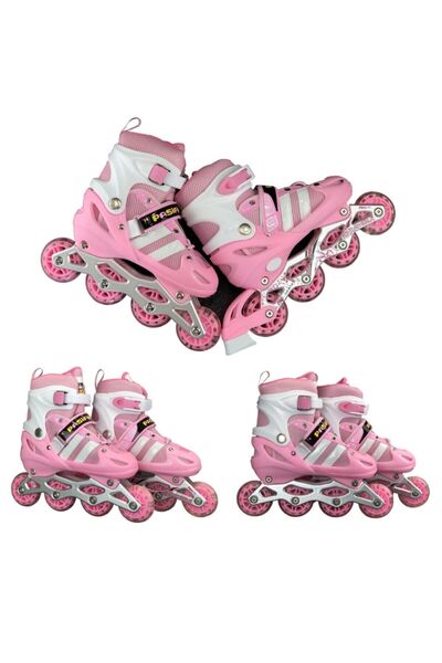 OyuncakZade Pembe Işıklı Teker Ayarlanabilir Çocuk Alıştırma Paten 2 Fonksiyon + Çakarlı Kask Dizlik Set