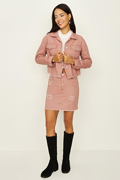 Select Moda Fusta de damă roz ruptă cu detalii mini denim