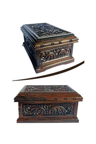 Genel Markalar Ahşap Oyma  İşlemeli Antika Anahtarlı Sandık Kutu 24 cm/Hediyelik/Takı/Tesbih/ Organizer Sandığı
