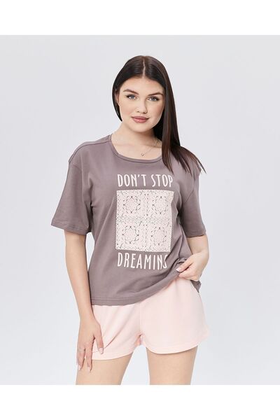 YHGTEKSTİL Printed Cotton Shorts Summer Pajamas Set for Women - Short Sleeve