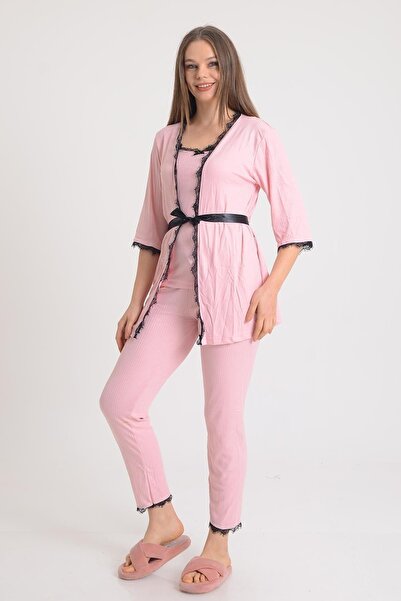 PİNKMARK Kadın Pudra Dantel Detaylı 3 Lü Pijama Takımı Pmtk25590