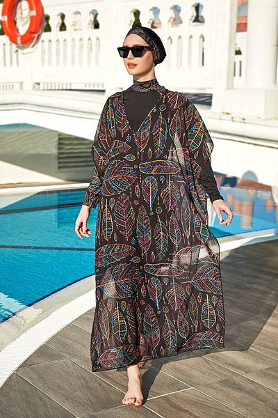 Remsa Mayo Remsa Pattern Single Kaftan Pareo on Hijab Swimsuit Colorful Leaf Theme 430-303 Zeynep