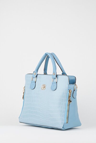 Vivaq Women's Light Blue Croco Leather Cat Patterned Zippered Lined Shoulder and Hand Bag with Inner Pocket