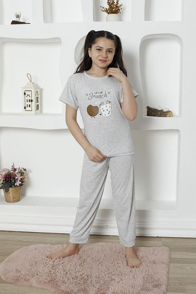 FAMES PİJAMA Šedý dívčí brunch pyžamový set s krátkým rukávem