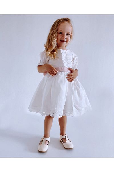 Şirin Şeyler Butiği Diana mânecă scurtă Fundita Roz Fete Rochie Albă Elegantă Rochie Scallop Rochie Scalloped
