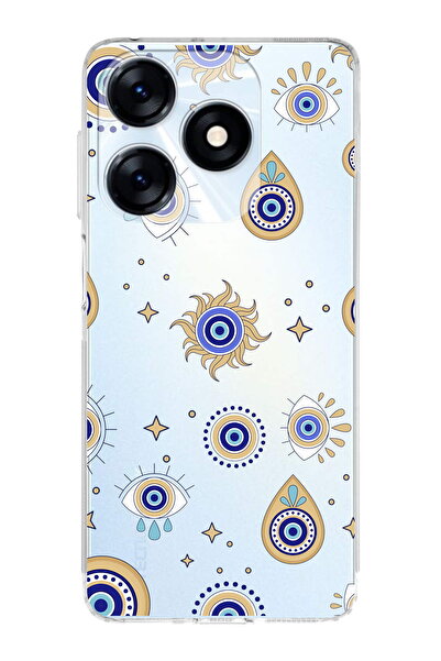 PrintiFy Tecno Spark 10 4G ile Uyumlu Nazar Boncuğu 5  Kamera Korumalı Şeffaf Silikon Kılıf