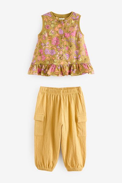 Next Baby Yellow Floral Patterned Cotton Cargo Pants Set