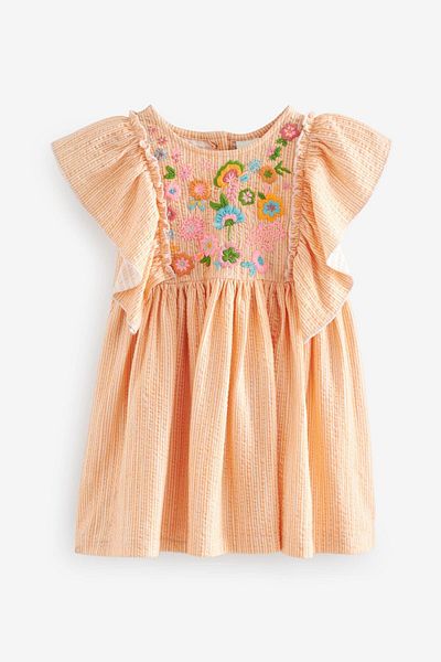 Next Baby 100% Baumwolle Kurzarmkleid Mit Orangefarbener Blumenstickerei