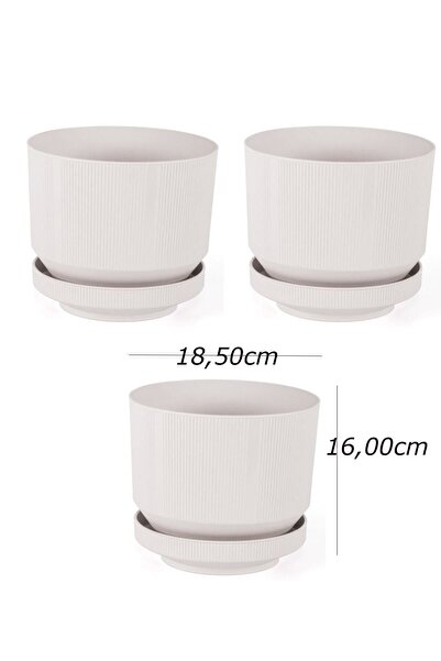 KıtayGroup Lüks Saksı 3’lu Plastik Tabaklı Saksı, 3 Adet Pastel Beyaz, 1,7lt