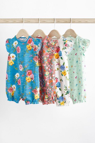 Next Baby Blue Green Floral Patterned Set of 4 100% Cotton Romper
