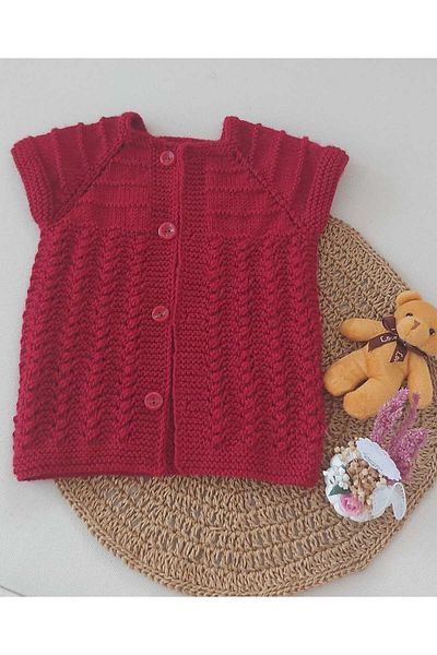 BEGİN 0-12 Months Red Newborn Gift Baby Vest - Buttoned Cotton Hand Knitted