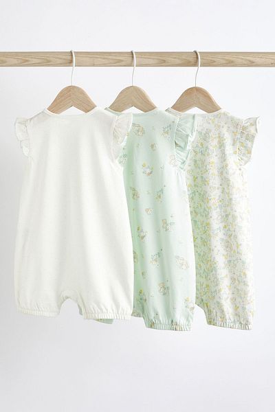 Next Baby 100% Cotton Green White Rabbit Patterned 3-Piece Romper Set