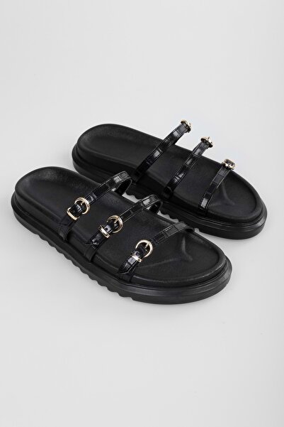 Shoeberry Elenor Μαύρη Χοντρή Σόλα και Ζώνες Γυναικείες Παντόφλες