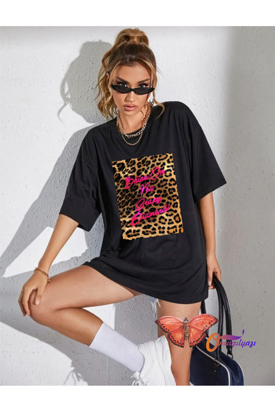 oneagılyazı Μπλουζάκι Leopard Shine Oversize Χτενισμένο Βαμβακερό - Μπλουζάκι...