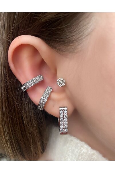 Pinery Jewels Vıp Seri - Kare Zirkon Taşlı Kıkırdak Küpe Earcuff