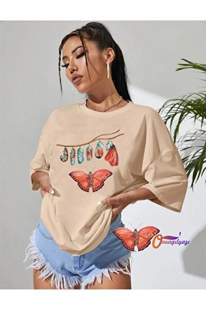 oneagılyazı oversized Βαμβακερό μπλουζάκι με σχέδιο πεταλούδας