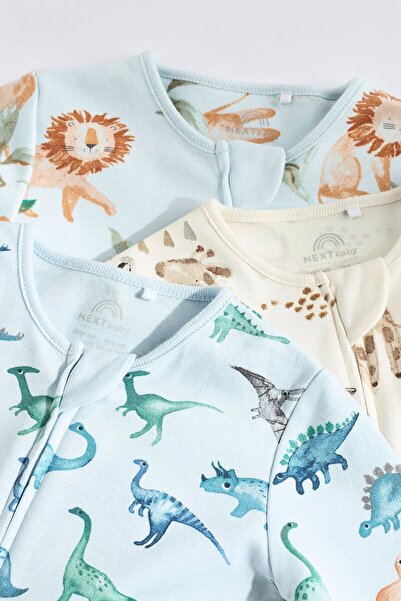 Next Baby Mavi Dinazor Desenli Fermuarlı 3’lü Tulum Set