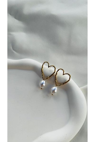 Rüya Heart Earrings - Steel and Pearl Detailed