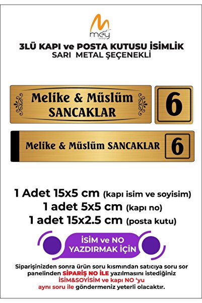 MeyArt Ajans ALTIN METAL KAPI İSİMLİĞİ SETİ 3'LÜ - KAPI İSİMLİĞİ, KAPI NUMARA...