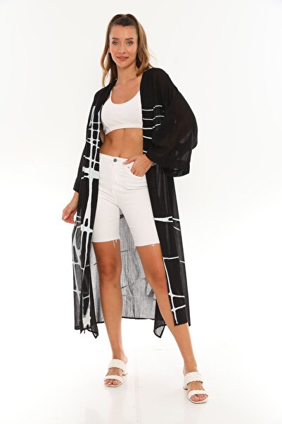 Miss Madly Kimono Kadın Siyah Kafes Baskılı Miss30263