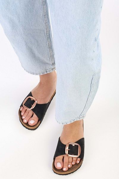 Shoeberry Γυναικείες Παντόφλες Μαύρες Suede - Χοντρή σόλα και ζώνη