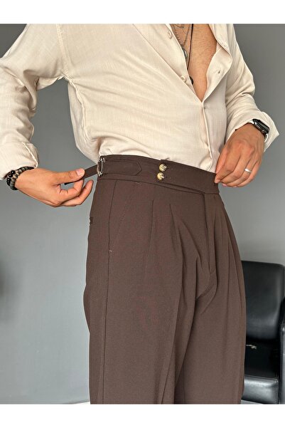 THEMANN Baggy Beli Tokalı Kahve Pamuk Pantolon