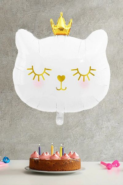 aşkın concept White Cat Foil Balloon with Gold Crown - 48*52 cm