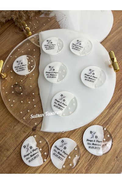 Sultan Tasarım Epoxy Tray with Pearls for Two - 24 cm