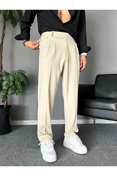 THEMANN Baggy Beli Tokalı Krem Pamuk Pantolon