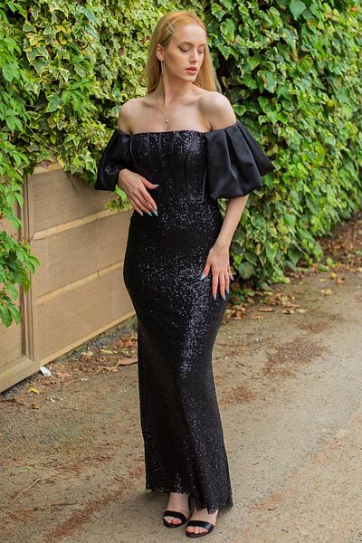 SpringStore Rochie de seară fără bretele cu mâneci cu balon negru