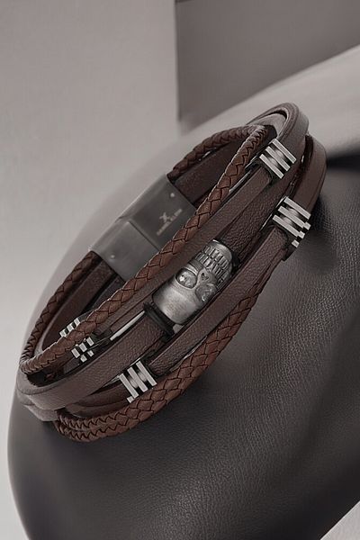 Daniel Klein Men's Bracelet - Genuine Leather, Stainless Steel Detail, Brown Magnet Clasp - DKEBLK2006C3