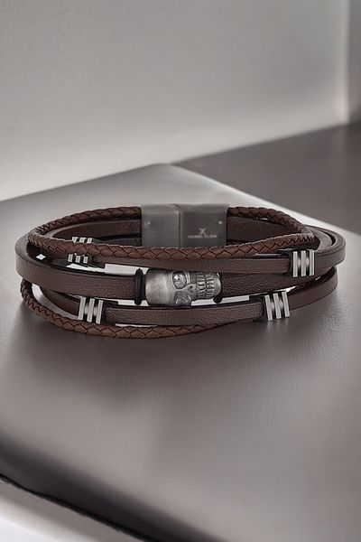 Daniel Klein Men's Bracelet - Genuine Leather, Stainless Steel Detail, Brown Magnet Clasp - DKEBLK2006C3