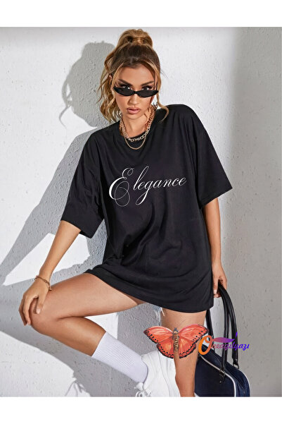 oneagılyazı ELEGANCE DESIGN - تي شيرت قطني ممشط كبير الحجم مطبوع