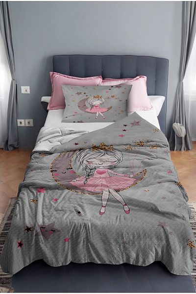 HOMESSA Cute Girl Sitting on the Moon Patterned Single Pique (with Pillow Case)