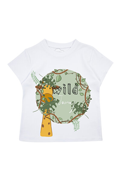 Erkek Çocuk %100 Pamuk Beyaz Zürafa Baskılı Kısa Kol Tshirt