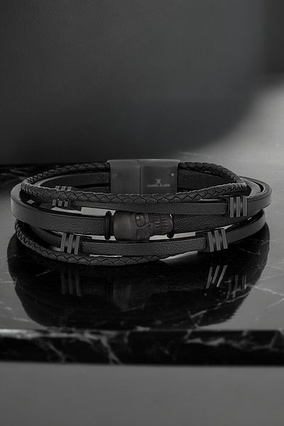 Daniel Klein Men's Bracelet - Genuine Leather, Stainless Steel Detail, Black Magnetic Buckle - DKEBLK2006C4